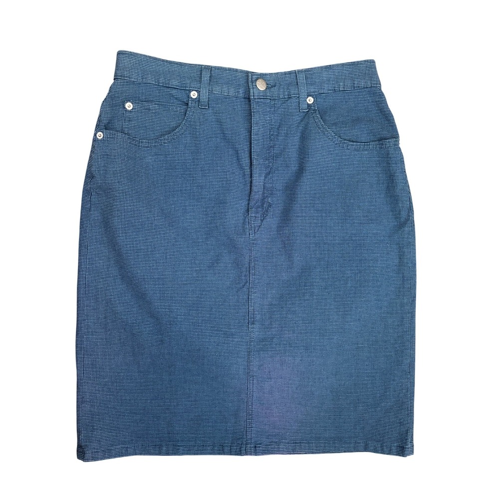 Y2K French Dressing Jeanswear Blue Micro Check Denim Pencil Skirt Size 10